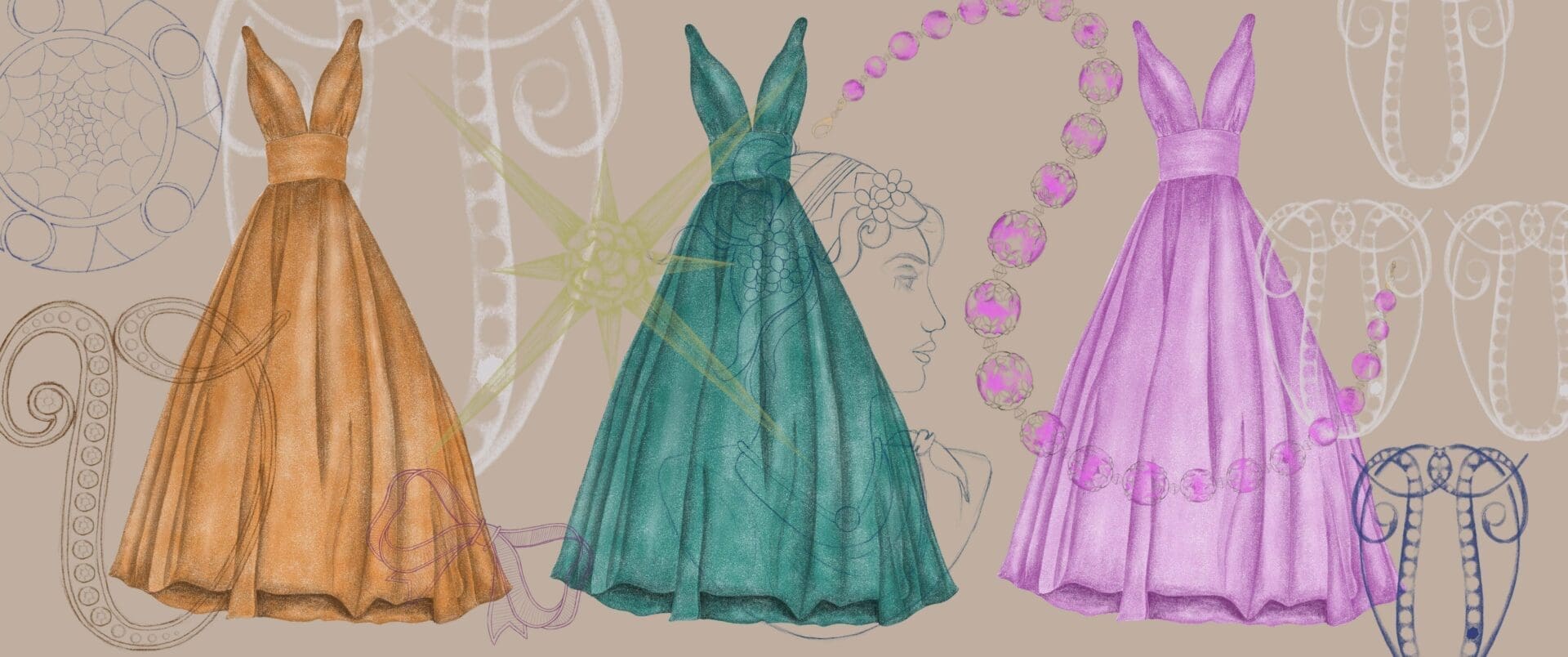 A drawing of three different dresses on display.