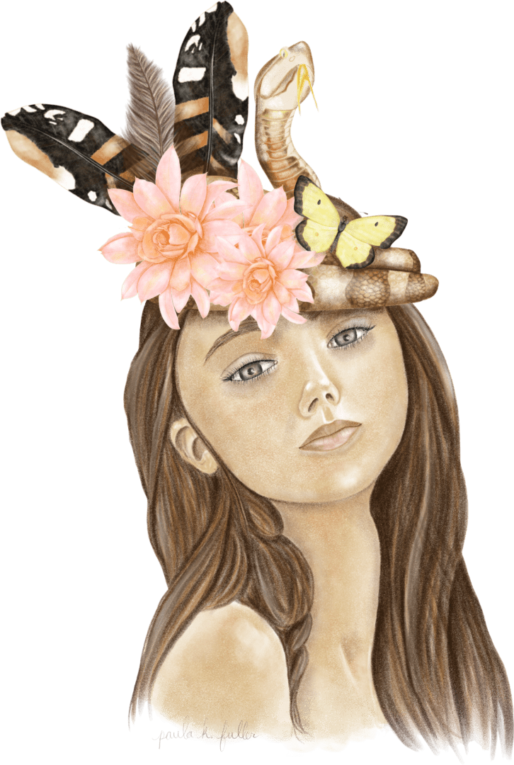 A woman with flowers and butterflies on her head.