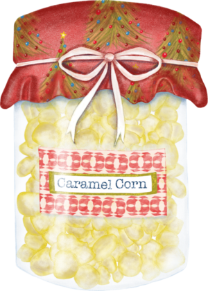 A bag of caramel corn with a bow on top.