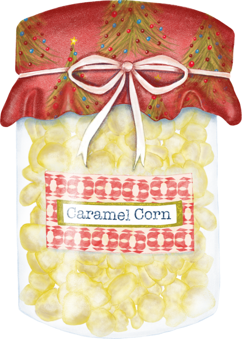 A bag of caramel corn with a bow on top.