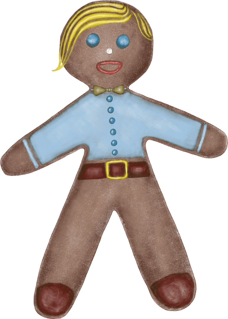 A gingerbread man with a blue shirt and brown belt.