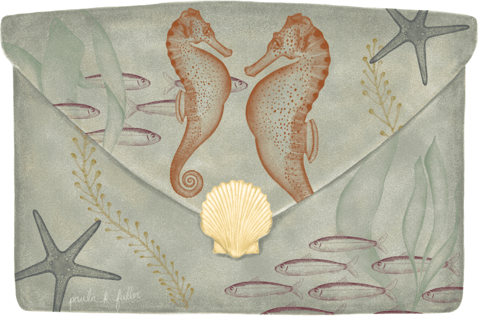 A painting of two seahorses and an ocean shell.