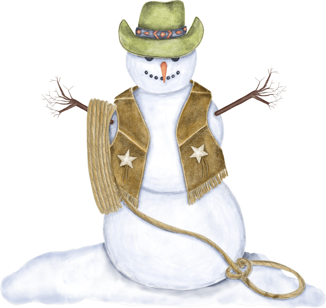 A snowman with a cowboy hat and vest.