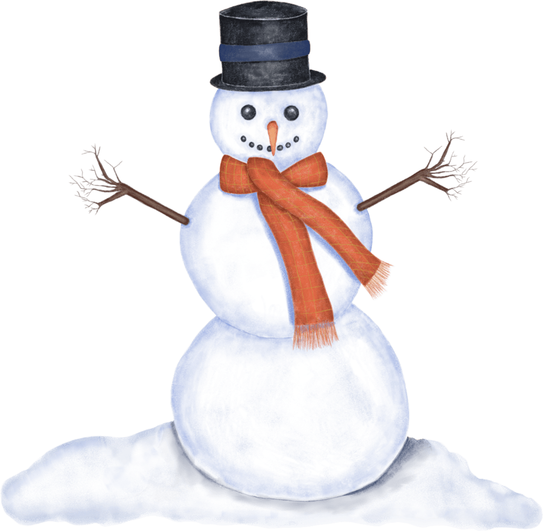 A snowman with arms outstretched and wearing a hat.