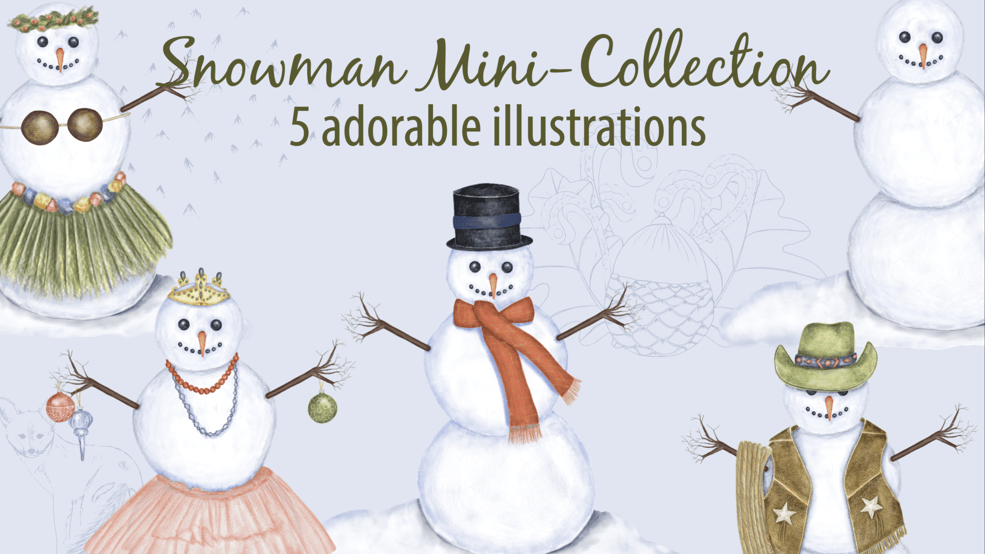 A collection of five adorable snowmen illustrations.