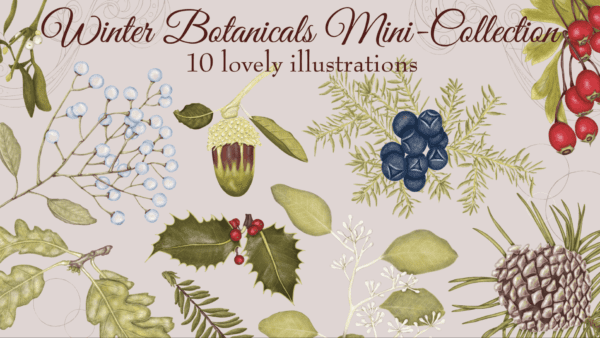 A collection of hand drawn leaves and berries.