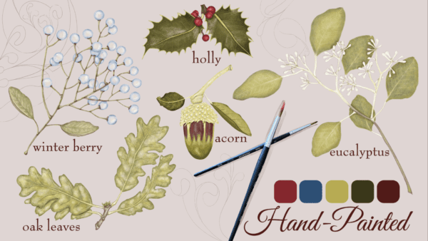 A hand-drawn illustration of leaves, berries and flowers.