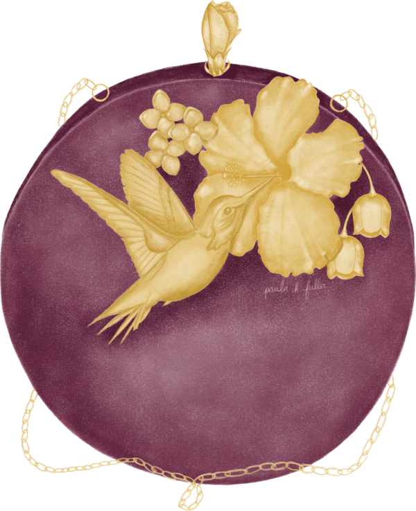 A purple and yellow plate with a hummingbird on it.